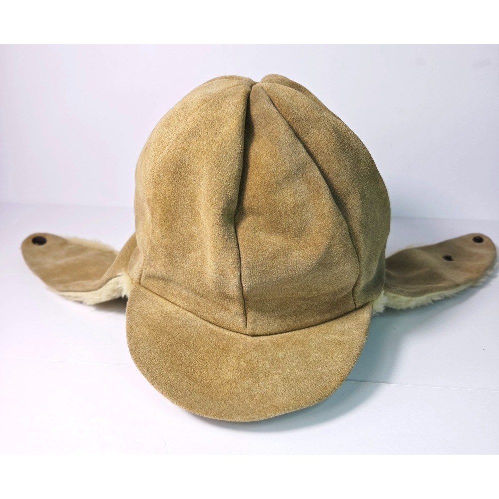 Vintage Suede Trapper Hat Mens Tan Leather Aviator Ear Flap Cap Portugal Fur - Picture 3 of 9